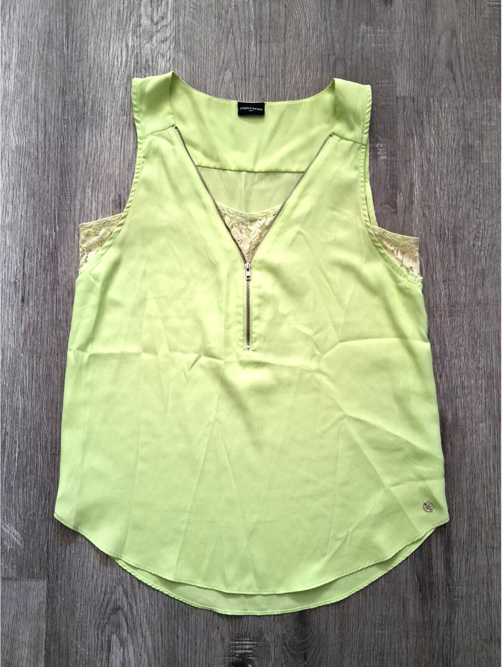 Point Zero Women's M Lime Green Sleeveless Lace Trim Zip V-Neck Tank Top Blouse